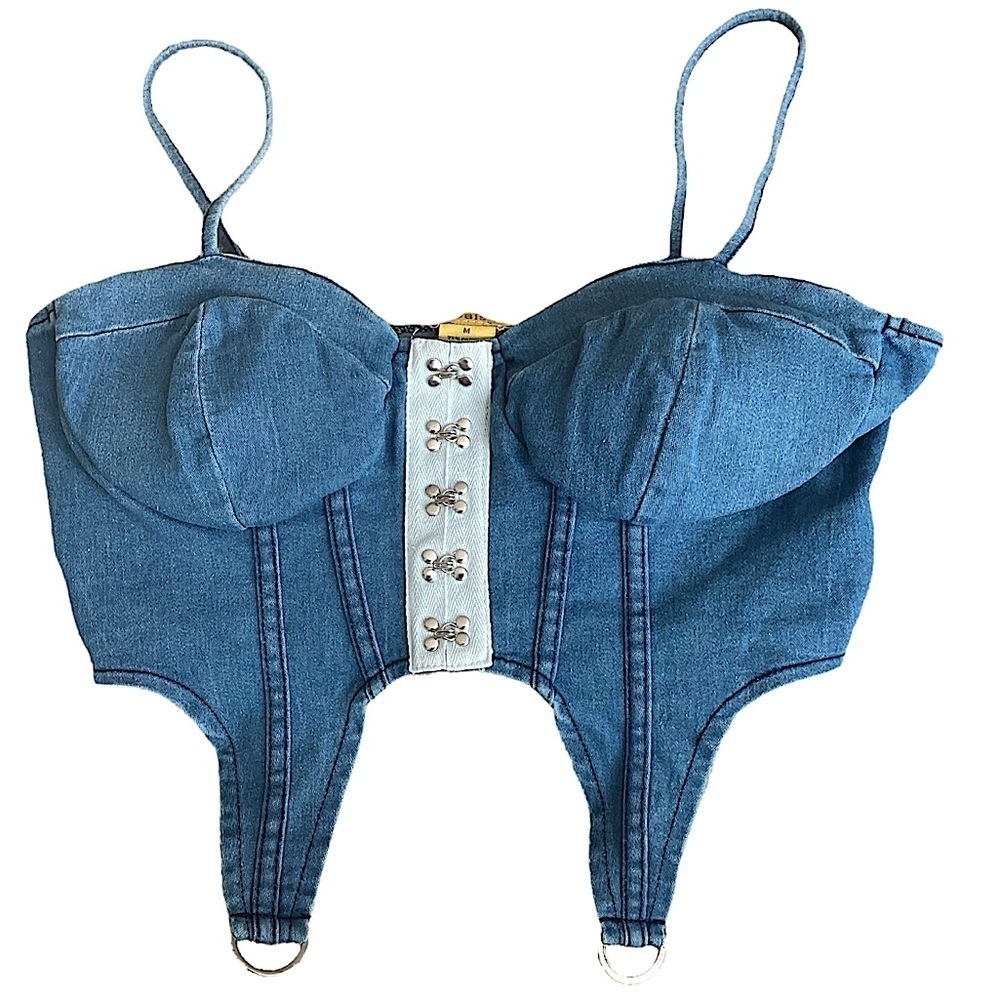 Daisy Blue Denim Corset Top Silver Hook & Eye Front Silver Ring Detailing Sz Med